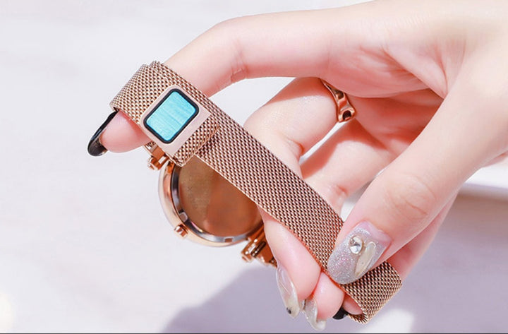 Luxury Women Watches Mesh Ladies Clock Magnet Buckle Starry Diamond Geometric Surface Quartz Wristwatch