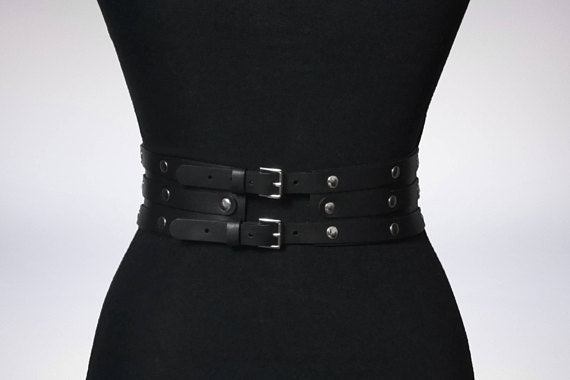 Women Black Leather Waist Belts Sexy Body Harness 3 Layer PU Metal Hoop Patchwork Rivet Belt for Lady