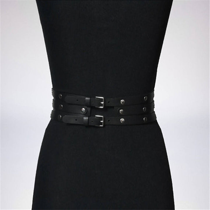 Women Black Leather Waist Belts Sexy Body Harness 3 Layer PU Metal Hoop Patchwork Rivet Belt for Lady