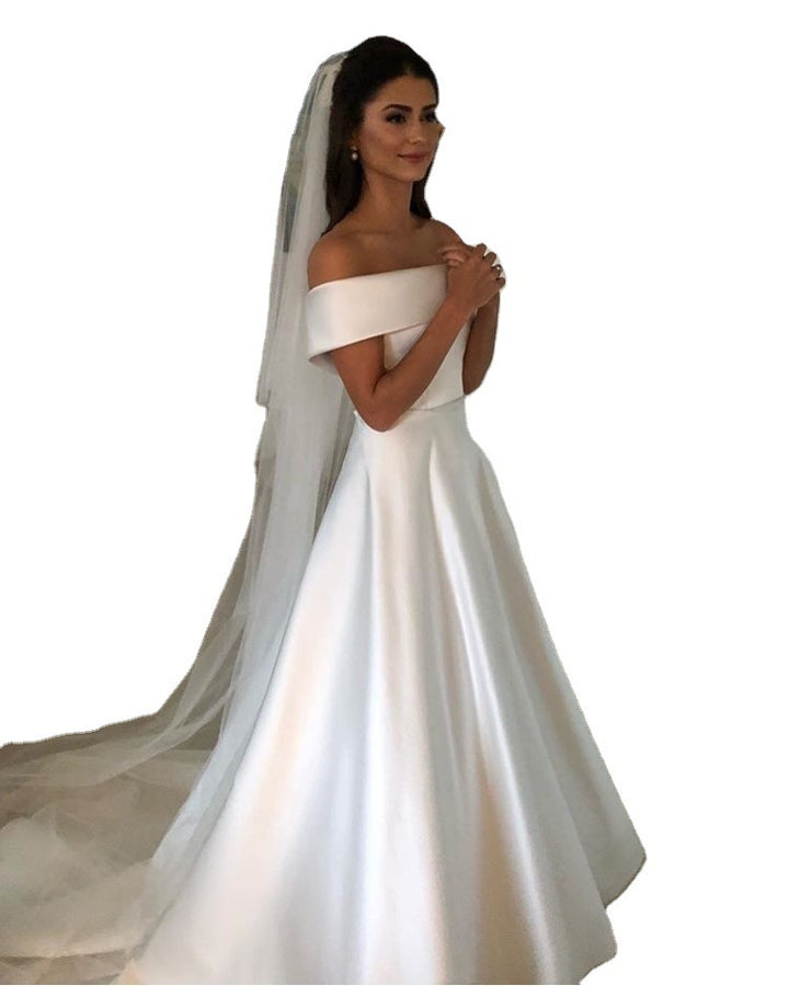 Simple A Line Wedding Dresses Satin Off The Shoulder Wedding Bridal Gowns Sweep Train Casual Dresses Zipper With Buttons Back