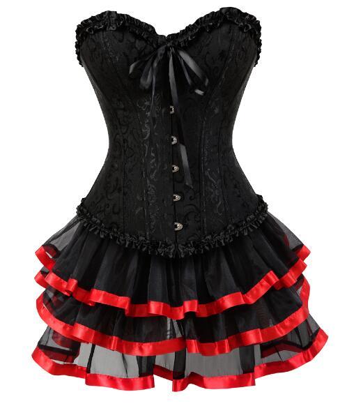 Overbust Burlesque Corset And Skirt Set Tutu Corselet Victorian Fashion Gowns