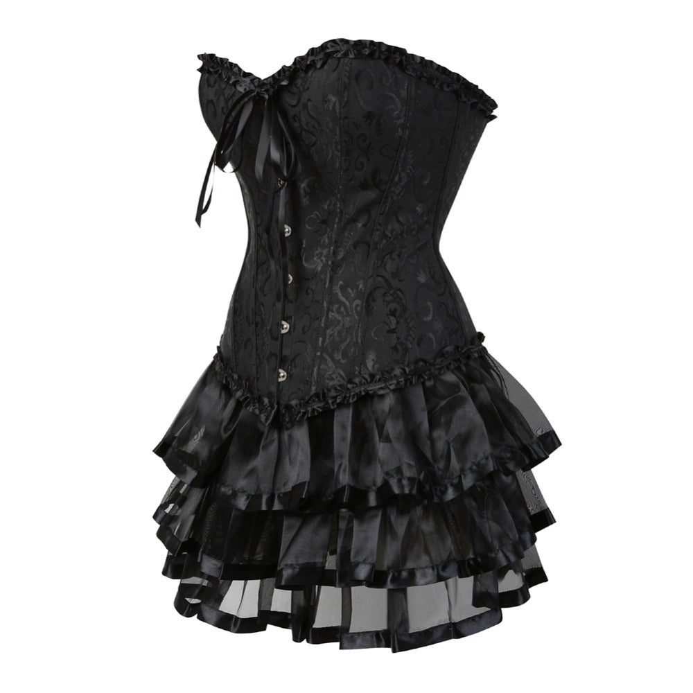 Overbust Burlesque Corset And Skirt Set Tutu Corselet Victorian Fashion Gowns