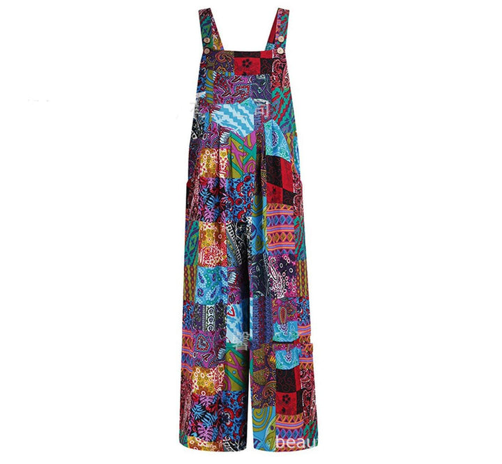 Patchwork Printed Button Suspender Jumpsuit