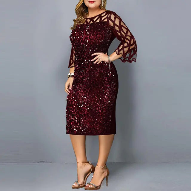 Plus-size Elegant Sequin Long Sleeve Party Dress