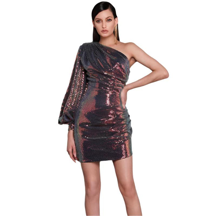 Women's Clothing Sexy One-shoulder Sequins Dress Slim-fit Flared Sleeves Sequin