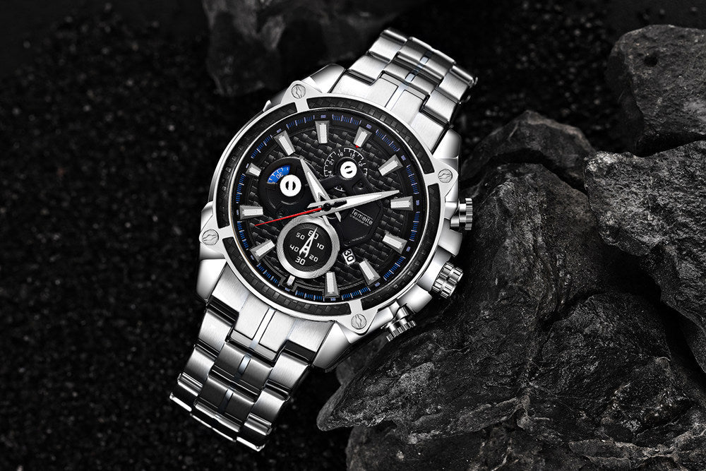 men''s watch fake three eyes luminous men''s watch fashion casual steel band waterproof watch t504g