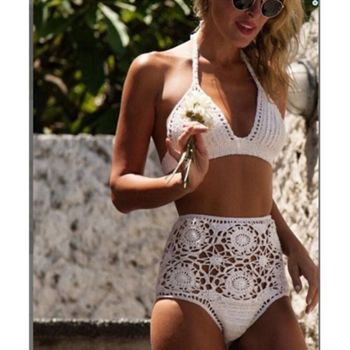 European and American foreign trade new high waisted swimsuit color crochet hook flower lady hollow split bikinis suit