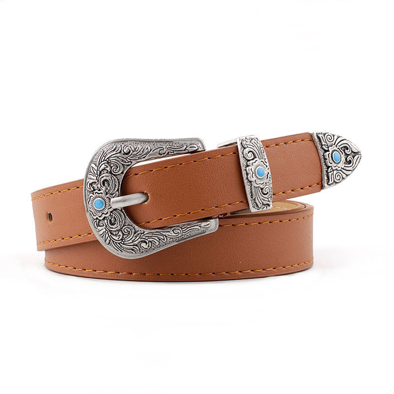 Women's belt with metal carving