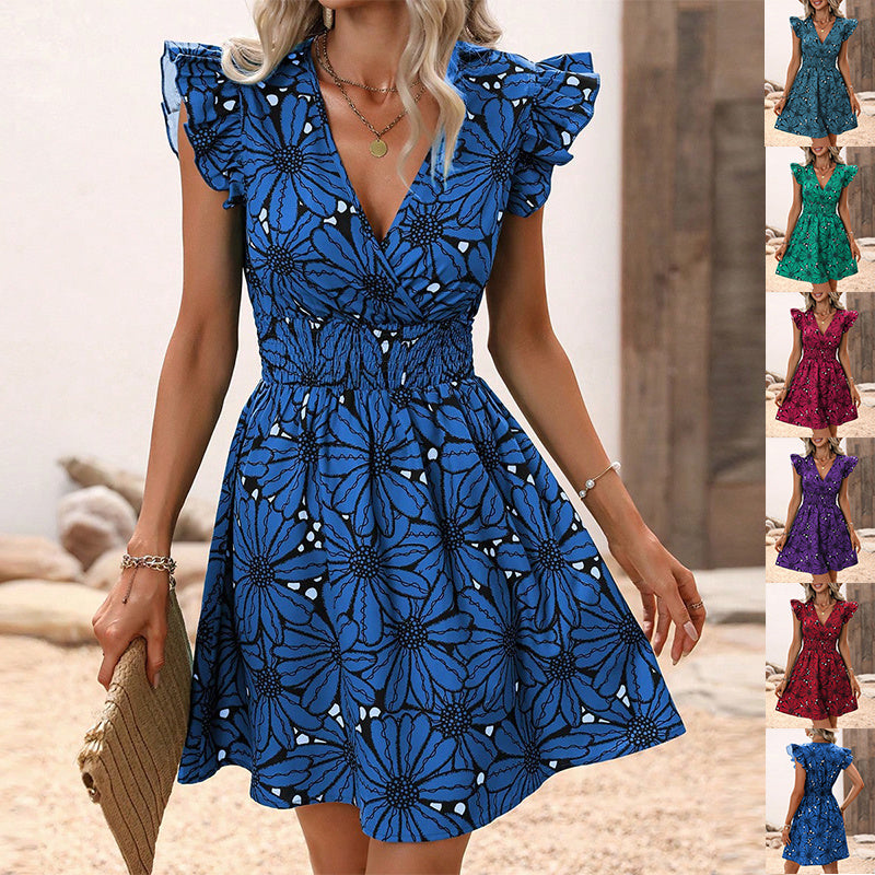 Flowers Print Ruffled Sleeveless Dress Summer Sexy Deep