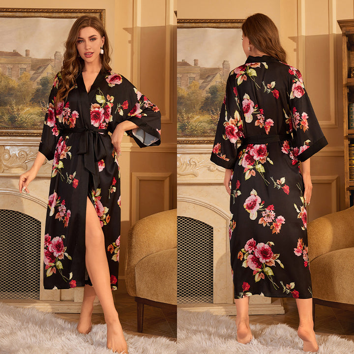 Pajamas Nightgown Shadow Red Satin Luxury Lace-up Morning Gowns Bathrobe