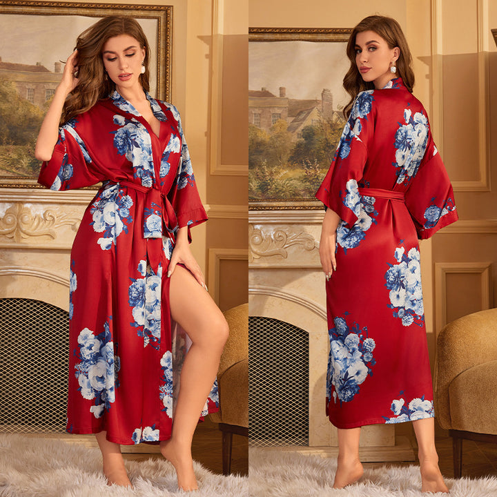 Pajamas Nightgown Shadow Red Satin Luxury Lace-up Morning Gowns Bathrobe