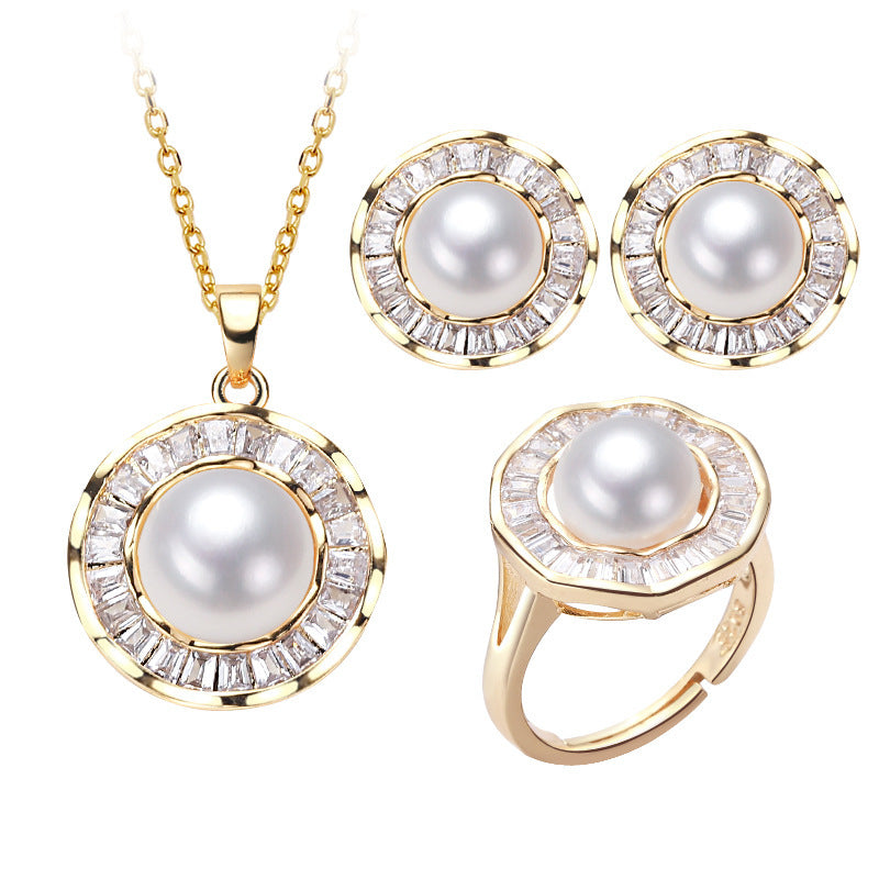 Pearl Necklace Ring Earings Set