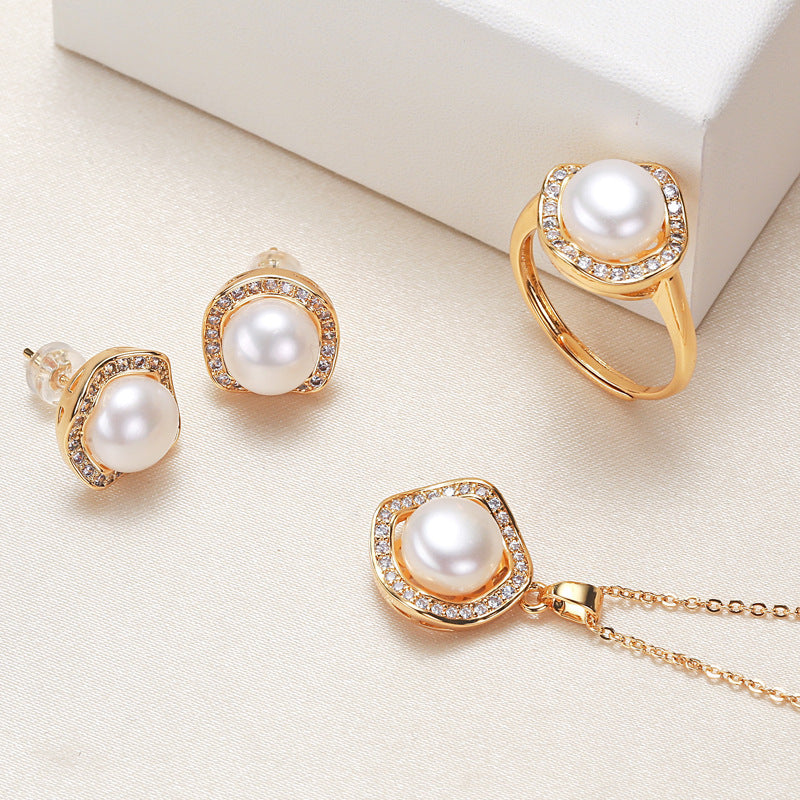 Pearl Necklace Ring Earings Set