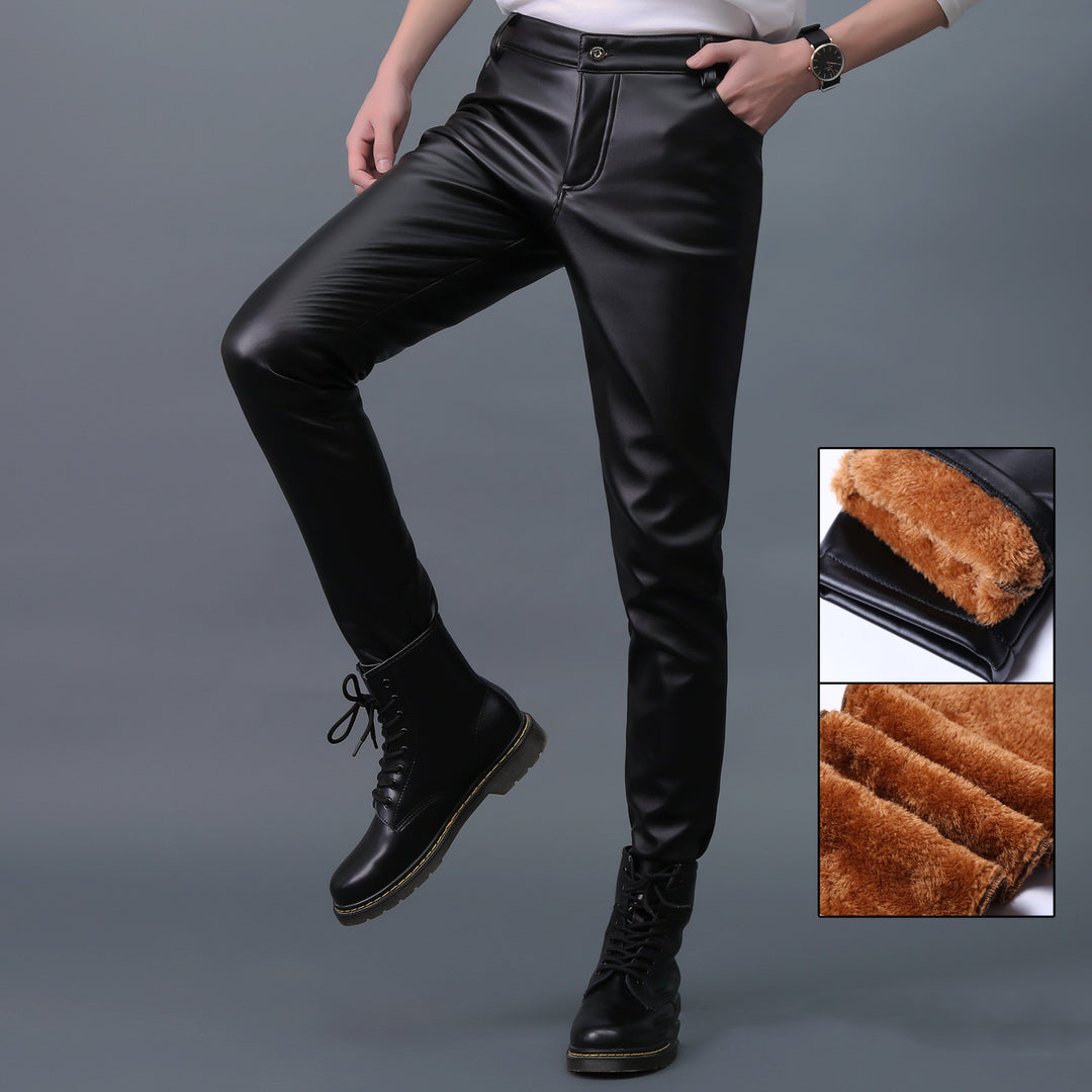 Men's Winter Faux Leather Skinny Pants Thick Warm Trousers