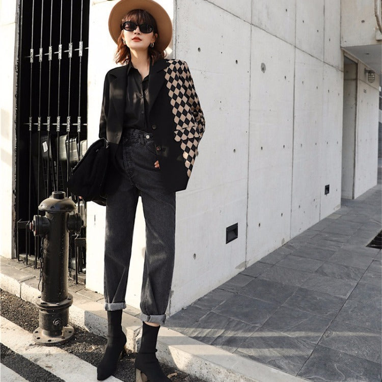 Stitching suit jacket women plaid small suit