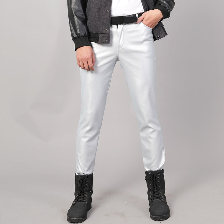 Men's Winter Faux Leather Skinny Pants Thick Warm Trousers