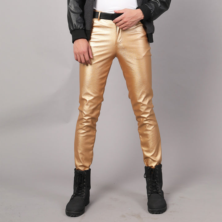 Men's Winter Faux Leather Skinny Pants Thick Warm Trousers