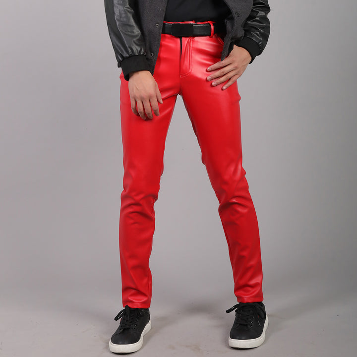 Men's Winter Faux Leather Skinny Pants Thick Warm Trousers