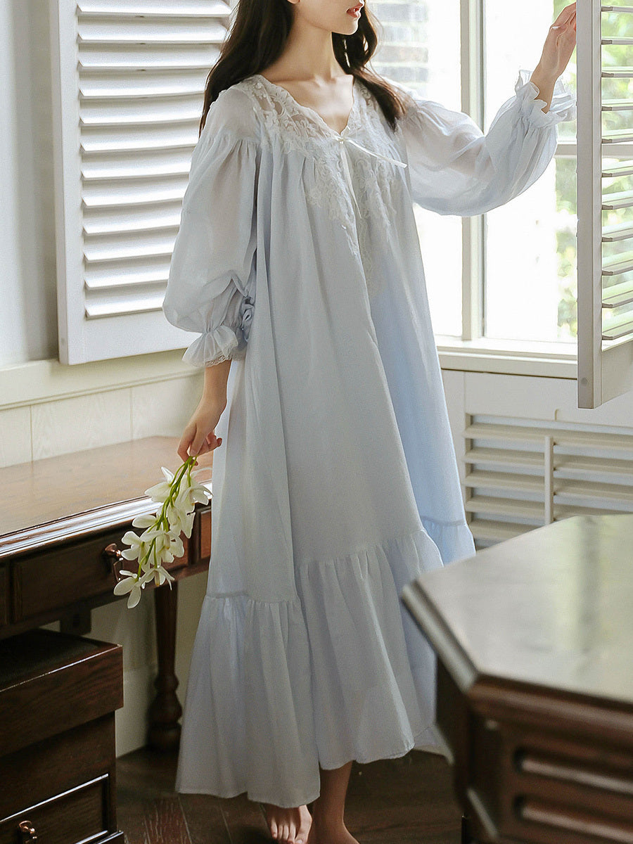 Women's Morning Gowns Spring And Autumn Cotton Long-sleeved Lace Pajamas Dress