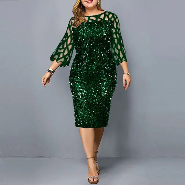 Plus-size Elegant Sequin Long Sleeve Party Dress