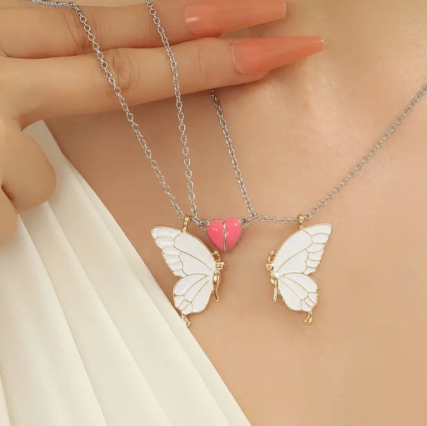 Luminous Heart-shaped Magnetic Snap Cute Butterfly Pendant Necklace Suit