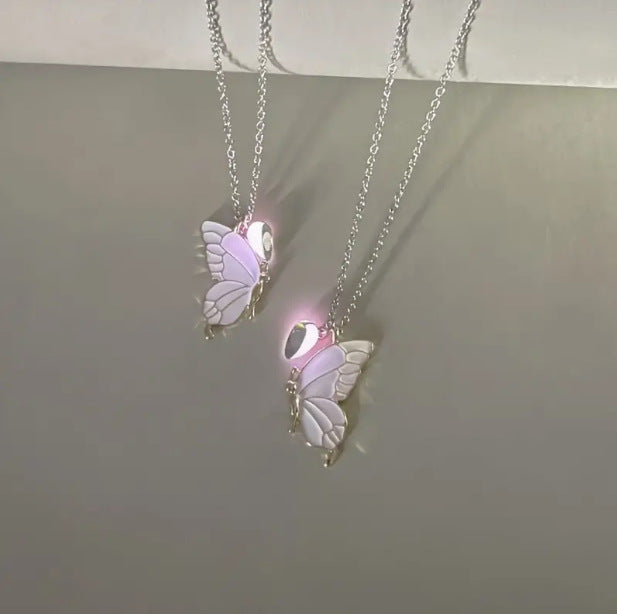 Luminous Heart-shaped Magnetic Snap Cute Butterfly Pendant Necklace Suit