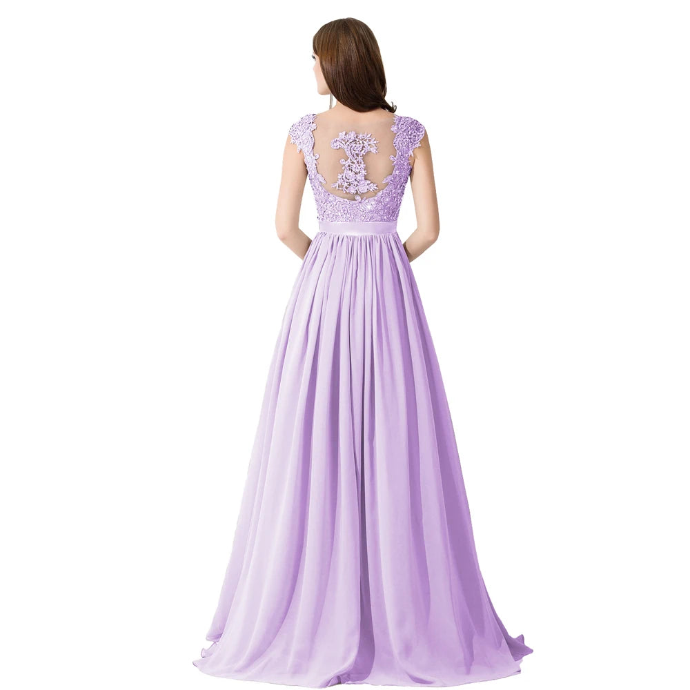 A-line V Neck Sleeveless Floral Lace Chiffon Back Hollow Long Paty Bridesmaid Dress Women 2024 For Wedding Sexy Evening Dress