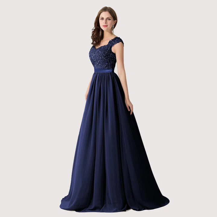 A-line V Neck Sleeveless Floral Lace Chiffon Back Hollow Long Paty Bridesmaid Dress Women 2024 For Wedding Sexy Evening Dress