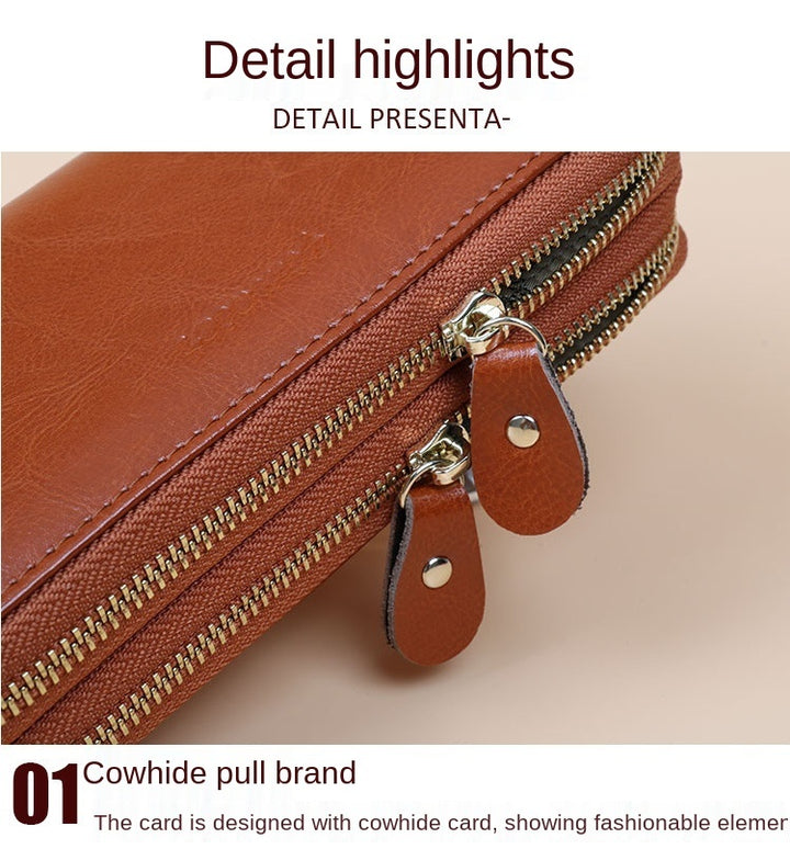 Oil Wax Leather Wallet Women Long Double-layer Zipper Large-capacity Hand Wallet Coin Purse