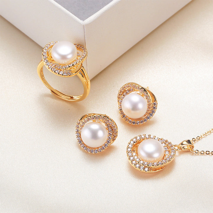 Pearl Necklace Ring Earings Set