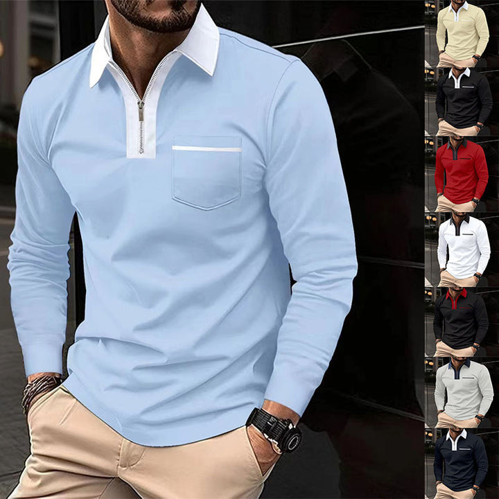 2024 autumn mens long sleeve zipper polo shirts casual lapel collar zip