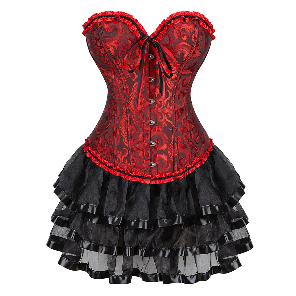 Overbust Burlesque Corset And Skirt Set Tutu Corselet Victorian Fashion Gowns