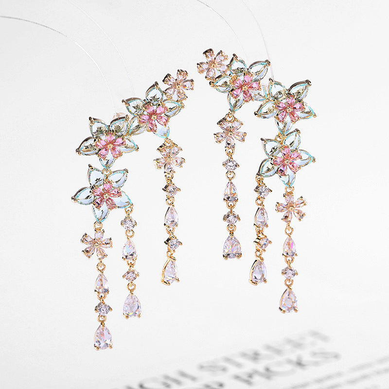 Fashion Flower Tassel Pendant Earrings For Women Wedding Crystal Dangle Earings Luxury Jewelry