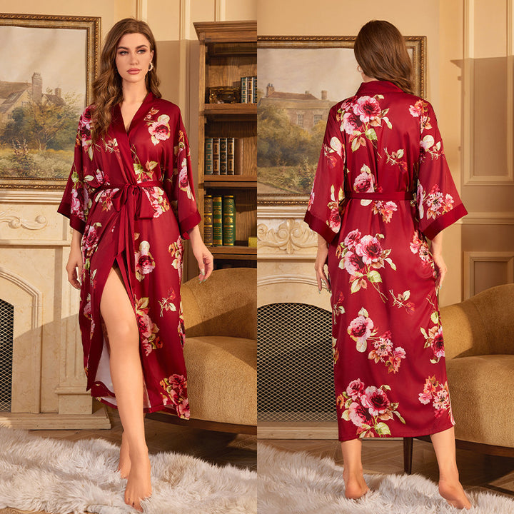 Pajamas Nightgown Shadow Red Satin Luxury Lace-up Morning Gowns Bathrobe