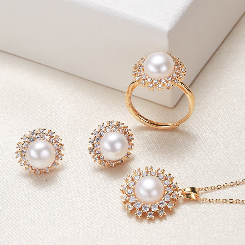 Pearl Necklace Ring Earings Set