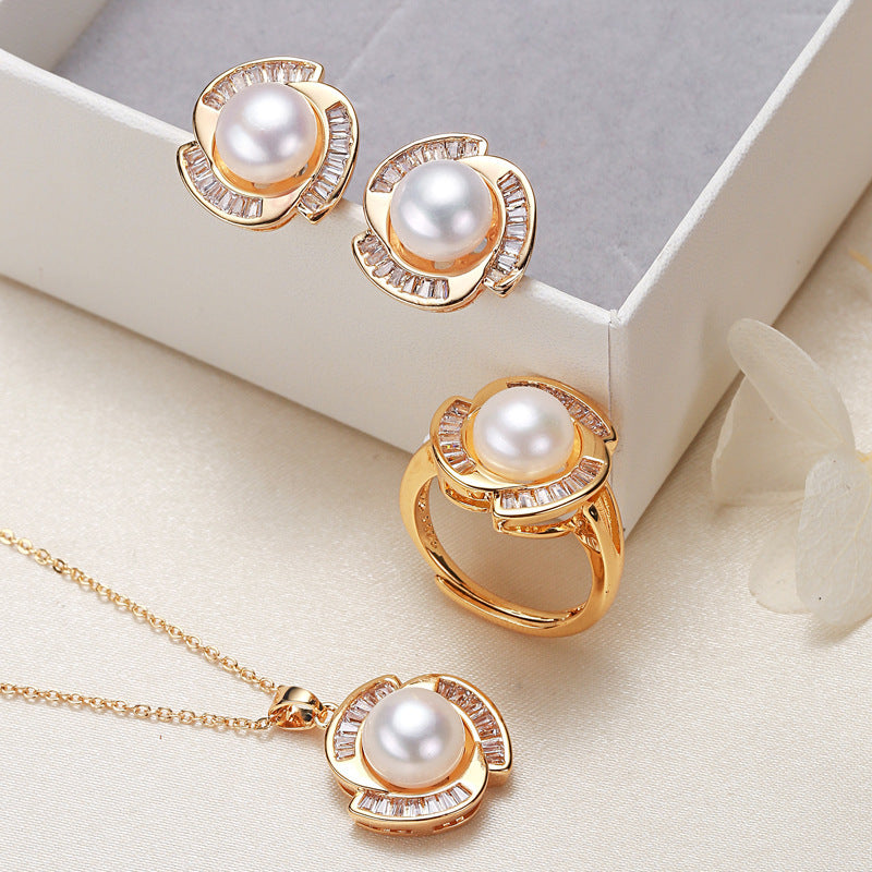 Pearl Necklace Ring Earings Set