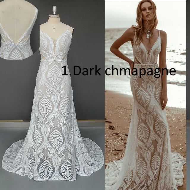 Vestido Bohemian Wedding Dress V Neck Lace Boho Spaghetti Straps Backless Beach Bridal Gowns Vestido De Novia Roycebridal