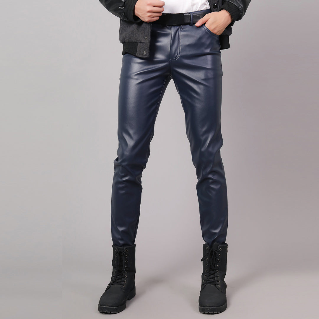 Men's Winter Faux Leather Skinny Pants Thick Warm Trousers