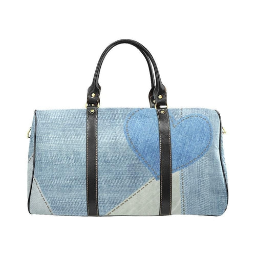 Travel Bag, Leather Carry on Large Luggage Bag, Blue Denim Heart